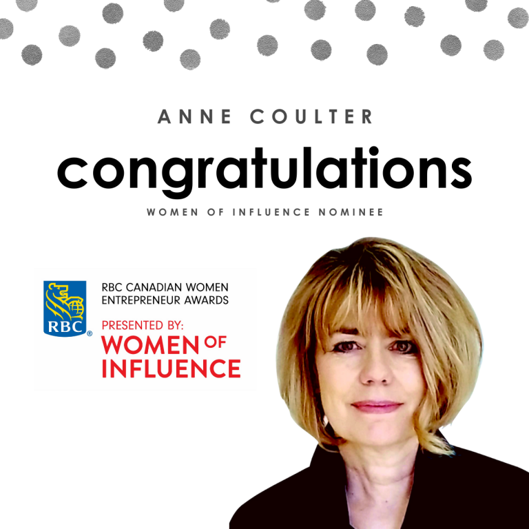 "Congratulations Anne Coulter" over grey polka dots and photo of Anne Coulter