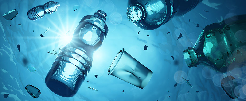 Problem plastic bottles and microplastics floating in the open ocean. Marine plastic pollution concept. 3D illustration