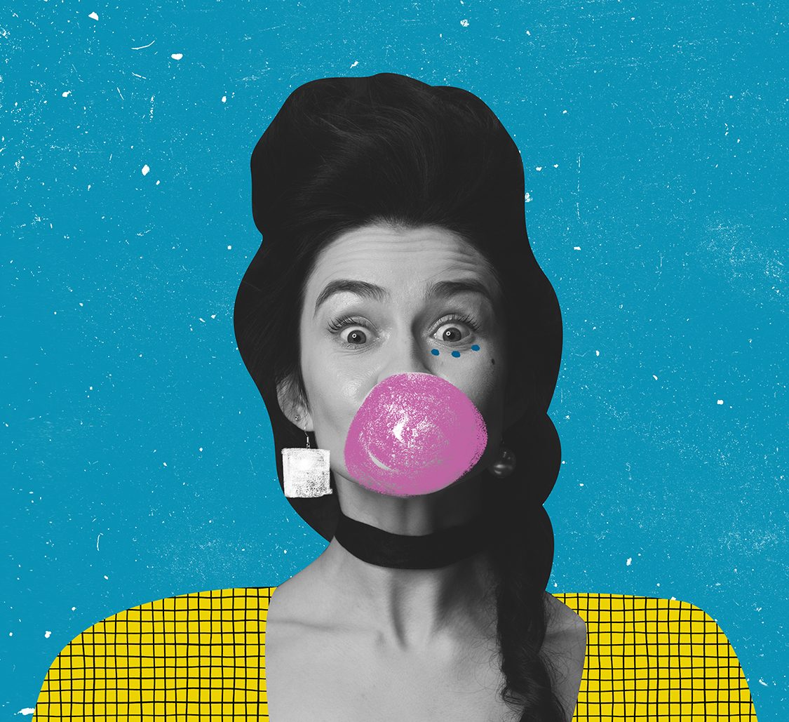 Contemporary art collage of beautiful tender woman with drawn gum and cloth elements isolated over blue background