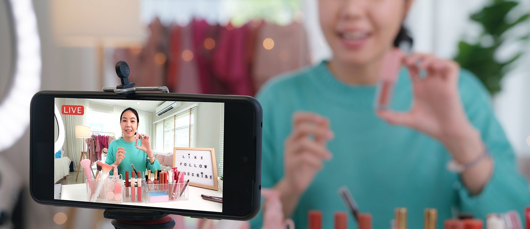 Asia woman micro influencer record live viral video camera at home studio. Happy fun talk speak advice review hobby in media. Vlogger selfie shoot enjoy work show smile teach like share app.